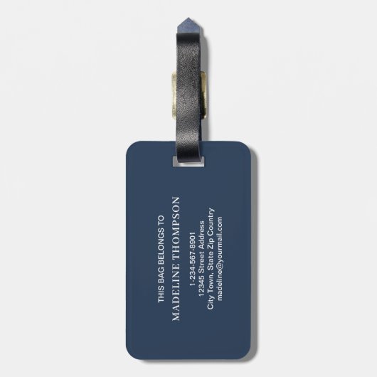 Retro Navy Blue geometrisch modern monogram Bagagelabel (Achterkant verticaal)