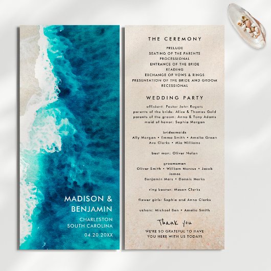 Retro Navy Blue Ocean Beach Sand Wedding Programmakaart