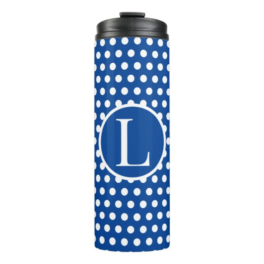  Retro Navy Blue Polka Dots initiaal letter Thermosbeker (Voorkant)