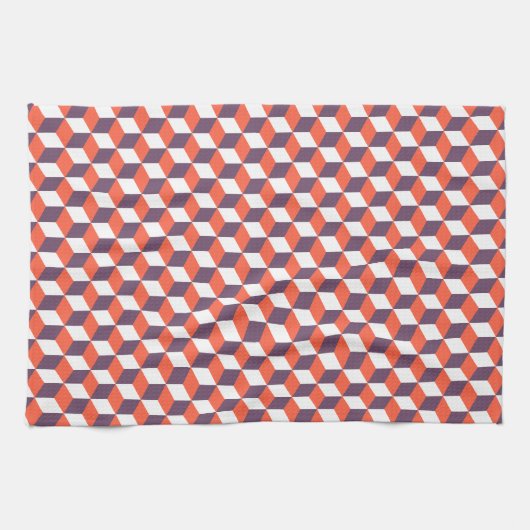 Retro Navy Blue Red Cube Modern Geometric Pattern Theedoek (Horizontaal)