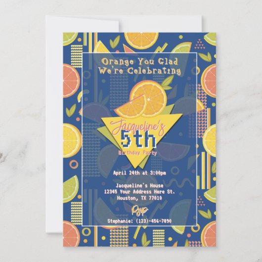 Retro Navy Blue Summer Citrus Fruit Birthday Kaart (Voorkant)