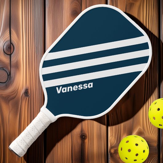 Retro Navy Drie strepen met naam Pickleball Paddle