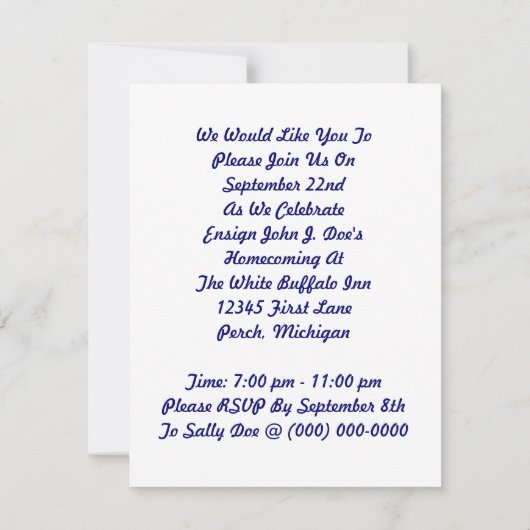 Retro Navy MILITARY HOMECOMING Celebration Invite Kaart (Achterkant)