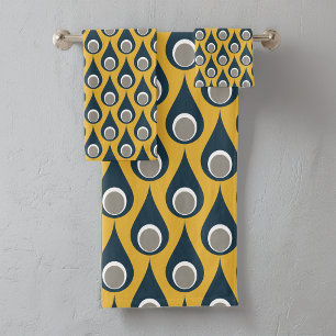 Retro Navy Mosterd Geometrische Drops Patroon Bad Handdoek