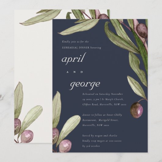 RETRO NAVY OLIVE FOLIAGE REHEARSAL DINNER INVITE BEDANKKAART (Voorkant / Achterkant)