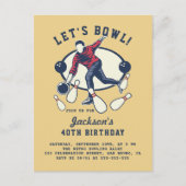 Retro Navy, Red & Mustard Bowling Birthday Party Uitnodiging Briefkaart (Voorkant)