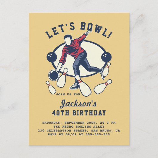 Retro Navy, Red & Mustard Bowling Birthday Party Uitnodiging Briefkaart (Voorkant)