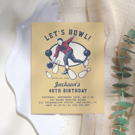 Retro Navy, Red & Mustard Bowling Birthday Party Uitnodiging Briefkaart
