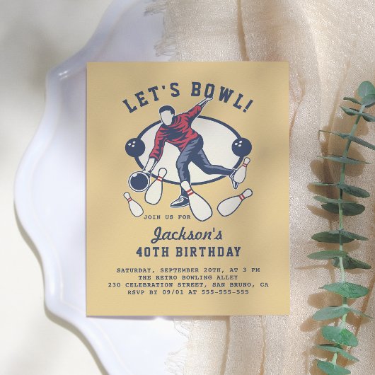 Retro Navy, Red & Mustard Bowling Birthday Party Uitnodiging Briefkaart