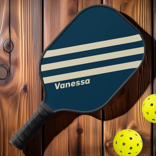 Retro Navy Vervagen Drie Strepen Met Naam Pickleball Paddle