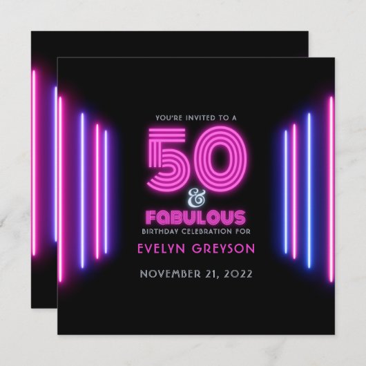 Retro Neon 50 & Fabulous 50th Birthday Party Kaart (Voorkant / Achterkant)