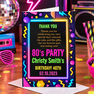 Retro Neon 80s Verjaardagsfeest voor Volwassenen Bedankkaart