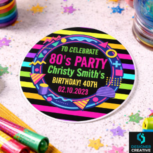 Retro Neon 80s Verjaardagsfeest voor Volwassenen Ronde Sticker