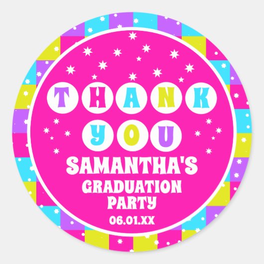 Retro Neon Afstudeerfeest Bedankt Ronde Sticker (Voorkant)