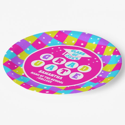 Retro Neon Afstudeerfeest Papieren Bordje (Gekanteld)