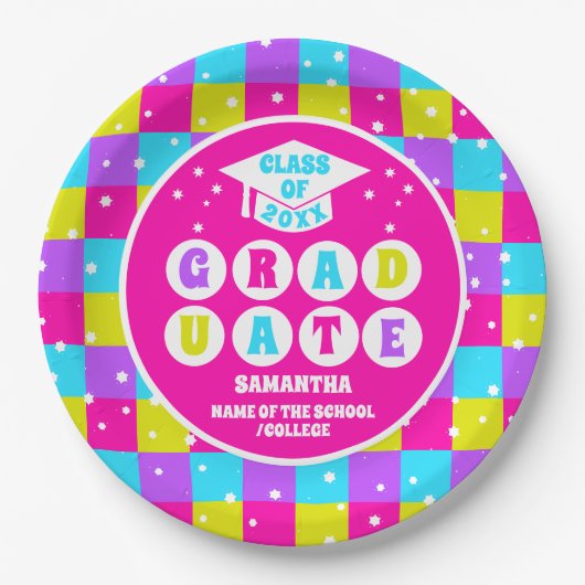 Retro Neon Afstudeerfeest Papieren Bordje (Voorkant)