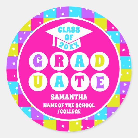 Retro Neon Afstudeerfeest Ronde Sticker (Voorkant)