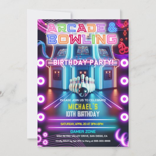 Retro Neon arcade & bowling gaming verjaardagsfees Kaart (Voorkant)