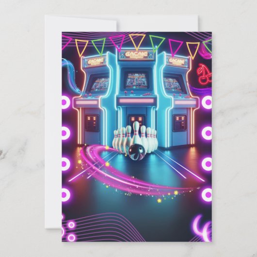 Retro Neon arcade & bowling gaming verjaardagsfees Kaart