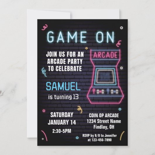 Retro Neon Arcade Game Verjaardagsfeest, elke leef Kaart (Voorkant)