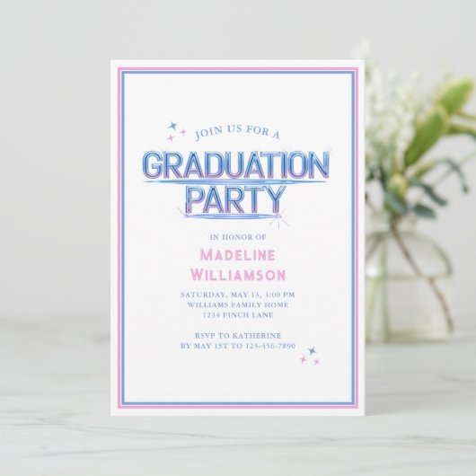Retro Neon Blauw Roze Graduation Party Uitnodiging (Staand voorkant)