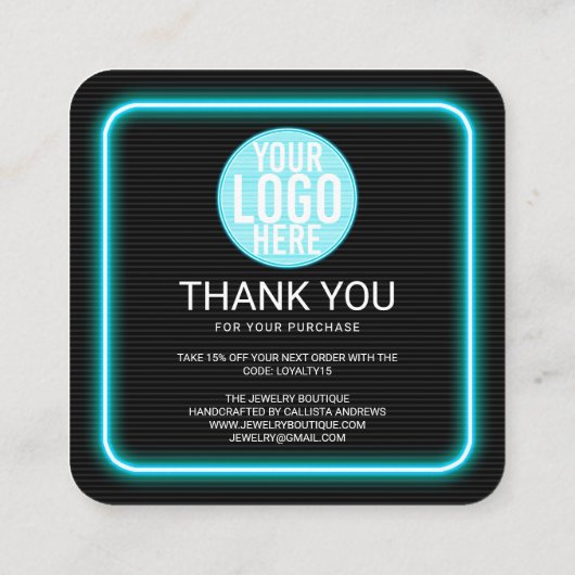 Retro Neon Blauwgroen verlicht Teken Klant Dank u Vierkante Visitekaartje (Achterkant)