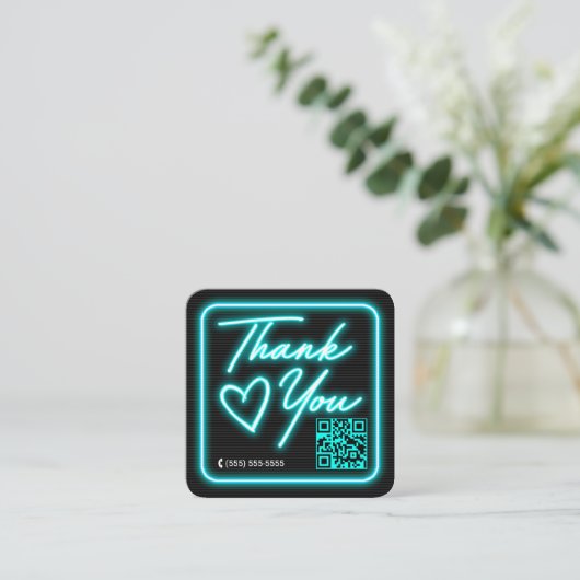 Retro Neon Blauwgroen verlicht Teken Klant Dank u Vierkante Visitekaartje (Staand voorkant)