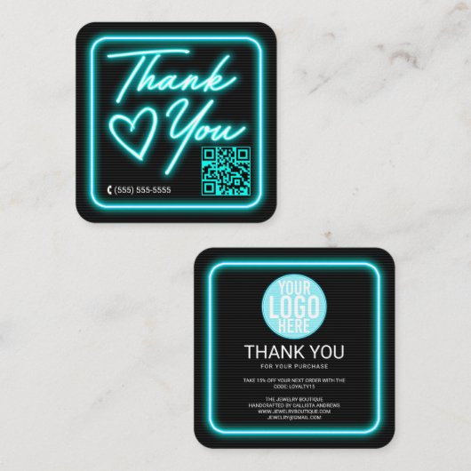 Retro Neon Blauwgroen verlicht Teken Klant Dank u Vierkante Visitekaartje (Voorkant / Achterkant)