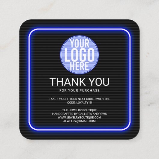 Retro Neon Blue Lighted Sign Klant Dank u Vierkante Visitekaartje (Achterkant)