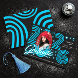 Retro Neon Blue Photo Graduate Announcement Kaart<br><div class="desc">This trendy and stylish graduation announcement features a photo of the grad, with retro 80s typography for an up-to-date throwback look. There is room on the back of the card to add all the details about the class, school, and future plans of the graduate. Placeholder image provided by Unsplash and...</div>