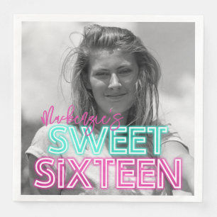 Retro neon bord met zwart-wit foto Sweet 16 Servet