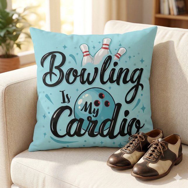 Retro Neon "Bowling is mijn cardio" Grappig Bowlen Kussen (Retro Neon Bowling Is My Cardio Funny Bowling Throw Pillow Mockup A)