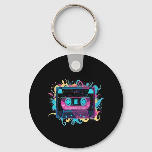 Retro Neon Cassettebandje met levendige splash Sleutelhanger (Voorkant)