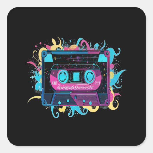 Retro Neon Cassettebandje met levendige splash Vierkante Sticker (Voorkant)
