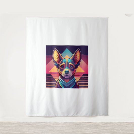 Retro Neon Chihuahua – Levendige Synthwave Dog Art Wandkleed (Voorkant)