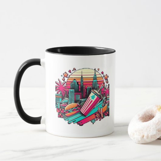 Retro Neon Cityscape met Fastfood Vibes Mok (Met donut)