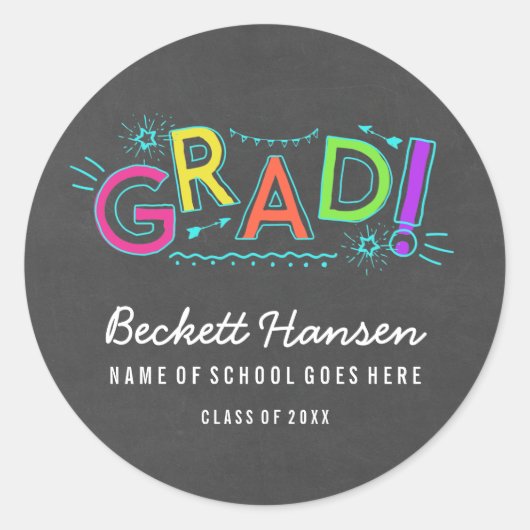 Retro Neon Doodles Chalkboard Afstuderen Ronde Sticker (Voorkant)