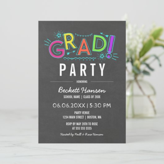 Retro Neon Doodles Schoolbord Afstudeerfeestje Kaart (Staand voorkant)