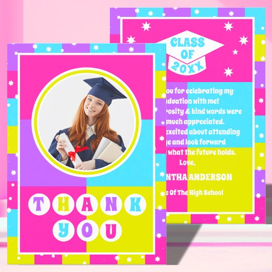 Retro Neon Foto Afstudeerfeest Bedankkaart