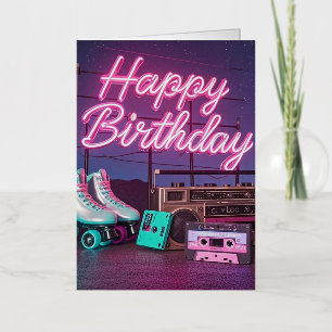 Retro neon Happy Birthday teken in roze en blauwgr Folie Wenskaart