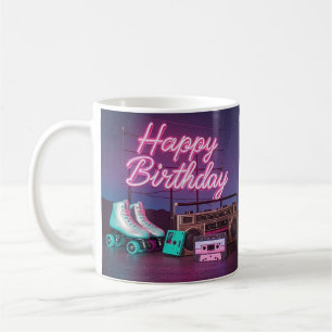 Retro neon Happy Birthday teken in roze en blauwgr Koffiemok