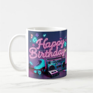 Retro neon Happy Birthday teken in roze en blauwgr Koffiemok