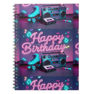 Retro neon Happy Birthday teken in roze en blauwgr Notitieboek