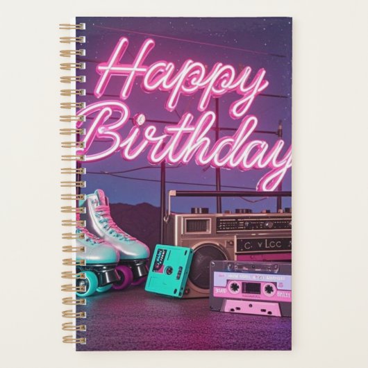 Retro neon Happy Birthday teken in roze en blauwgr Planner (Voorkant)