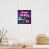 Retro neon Happy Birthday teken in roze en blauwgr Poster (Keuken)
