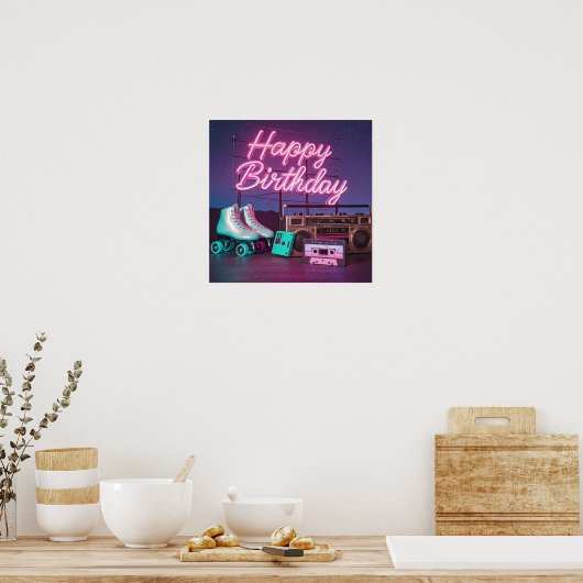 Retro neon Happy Birthday teken in roze en blauwgr Poster (Keuken)