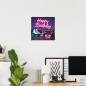 Retro neon Happy Birthday teken in roze en blauwgr Poster (Thuiskantoor)