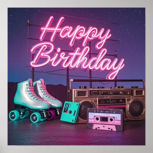 Retro neon Happy Birthday teken in roze en blauwgr Poster (Voorkant)