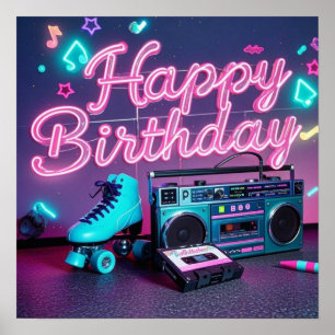 Retro neon Happy Birthday teken in roze en blauwgr Poster