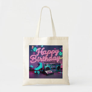Retro neon Happy Birthday teken in roze en blauwgr Tote Bag